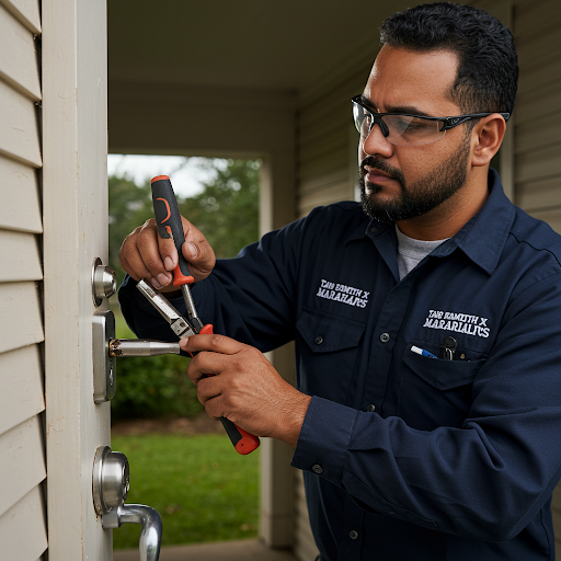 Technician replacing a worn-out front door lock on a Houston home to enhance security and function.